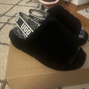 UGG Black Fluffy Slides with Logo Strap